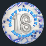 Blue Ribbon & Stars Confetti 18th Birthday Party Classic Round Sticker<br><div class="desc">Celebrate his eighteenth birthday in style with these fun and festive birthday party stickers. These round stickers feature a silver number eighteen shaped helium balloons graphic and festive blue confetti. Easily personalise these 18th birthday party supplies with your name using the fill in the blank template field. They're perfect for...</div>