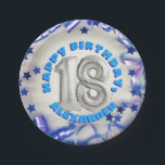 Blue Ribbon & Stars Confetti 18th Birthday Party Paper Plate<br><div class="desc">Celebrate his eighteenth birthday in style with these fun and festive birthday party paper plates. These birthday party plates feature a silver number eighteen shaped helium balloons graphic and festive blue confetti. Easily personalise these 18th birthday party supplies with your name using the fill in the blank template field. They're...</div>