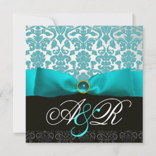 BLUE RIBBON TURQUASE WHITE BLACK  DAMASK MONOGRAM INVITATION