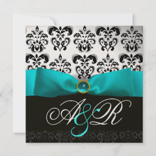 BLUE RIBBON TURQUASE WHITE BLACK DAMASK MONOGRAM INVITATION