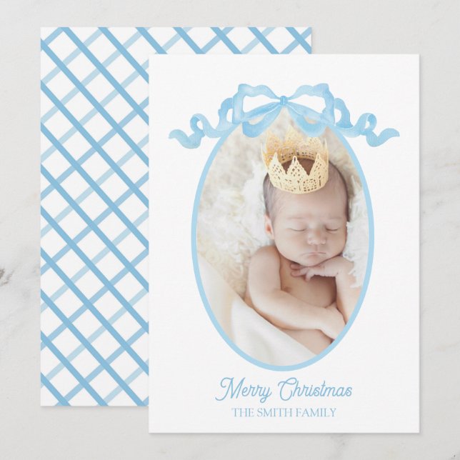 Blue Ribbon Watercolor Baby Boy Holiday Card (Front/Back)