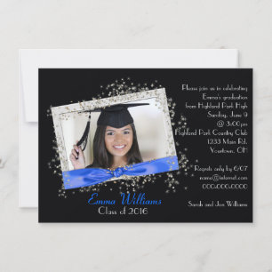 Blue Ribbon with Glitter Graduation Invitation
