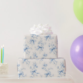 Blue Ribbons and Bows Toile Coquette Pattern Wrapping Paper