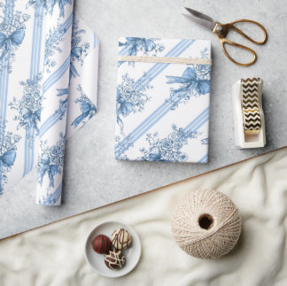 Blue Ribbons and Bows Toile Coquette Pattern Wrapping Paper