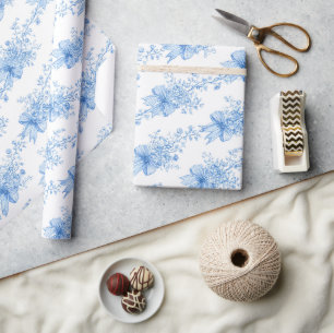 Blue Ribbons and Bows Toile Coquette Pattern  Wrapping Paper