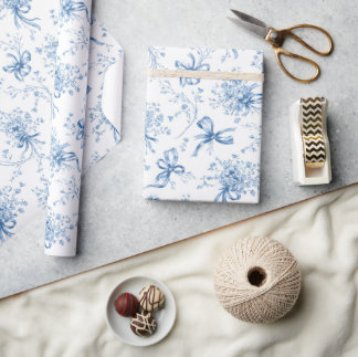 Blue Ribbons and Bows Toile Coquette Pattern Wrapping Paper