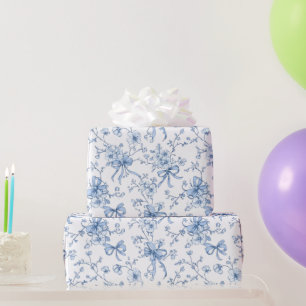Blue Ribbons and Bows Toile Coquette Pattern  Wrapping Paper