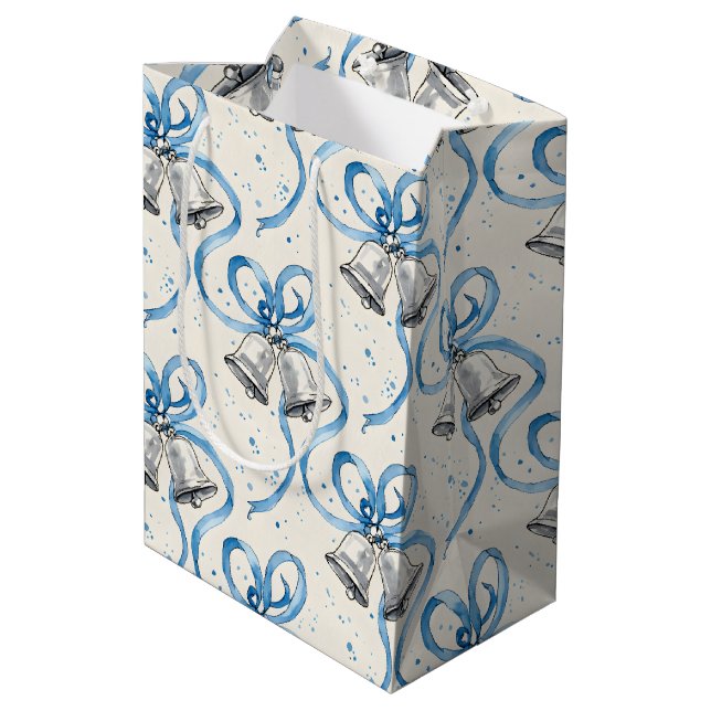 Blue Ribbons and Silver Bells Cream Medium Gift Bag (Back Angled)