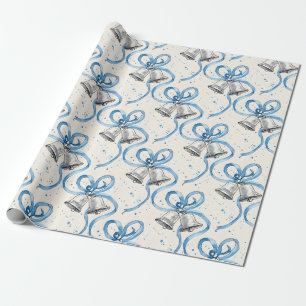 Blue Ribbons and Silver Bells Cream Wrapping Paper
