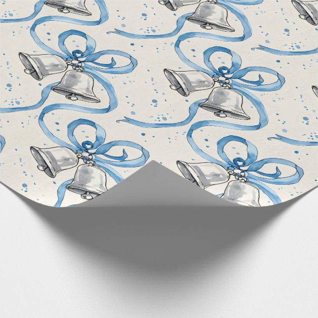 Blue Ribbons and Silver Bells Cream Wrapping Paper (Corner)
