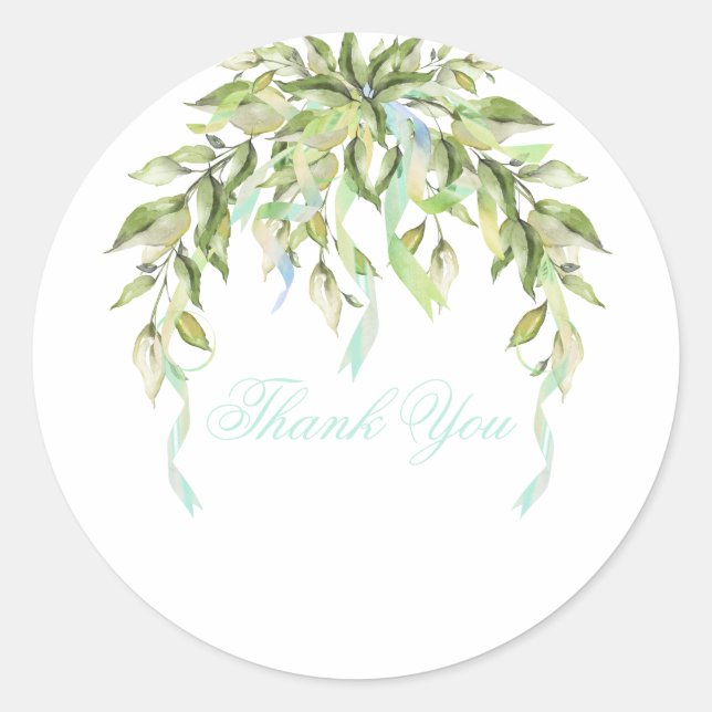Blue Ribbons Floral Greenery Thank You  Classic Ro Classic Round Sticker (Front)
