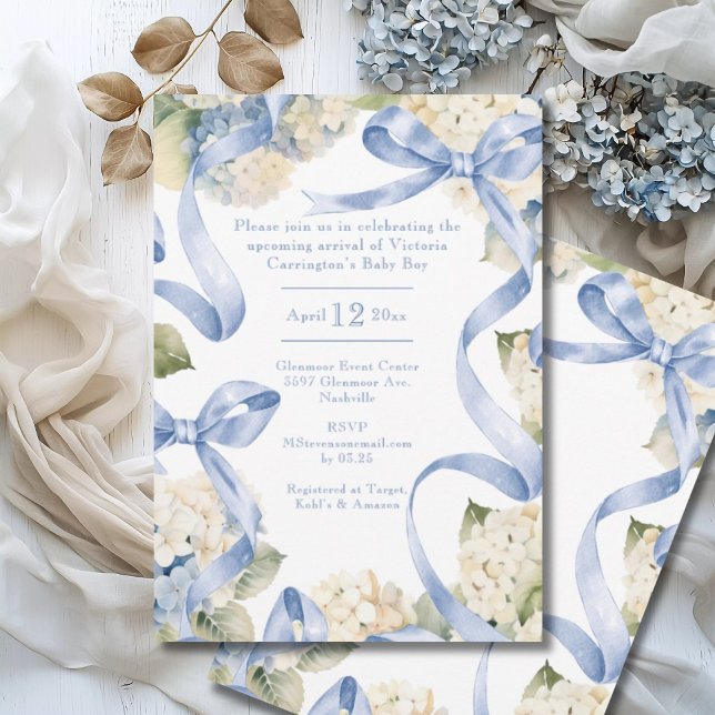 Blue Ribbons & Hydrangeas Boy Baby Shower  Invitation (Creator Uploaded)