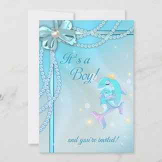 Blue Ribbons Lace Pearls Dolphin Boy Baby Shower Invitation