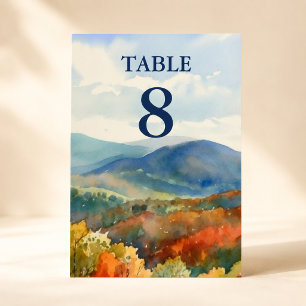 Blue Ridge Mountains Fall Watercolor Wedding Table Number