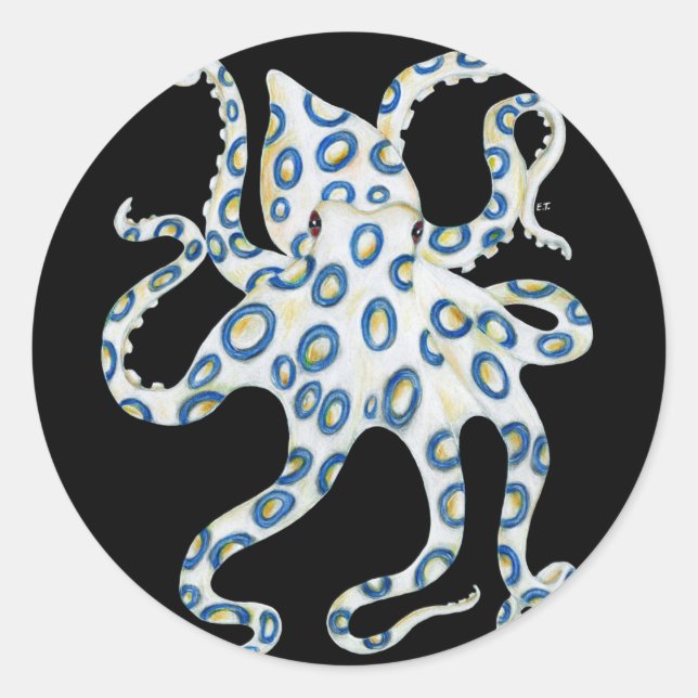 Blue Ring Octopus Black Tentacles Classic Round Sticker (Front)