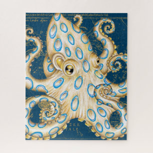 Blue Ring Octopus Indigo Vintage Map Nautical Jigsaw Puzzle