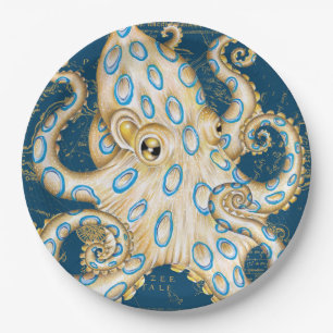Blue Ring Octopus Indigo Vintage Map Nautical Paper Plate