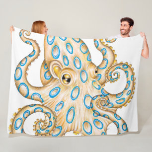 Blue ring Octopus on White Ink Fleece Blanket