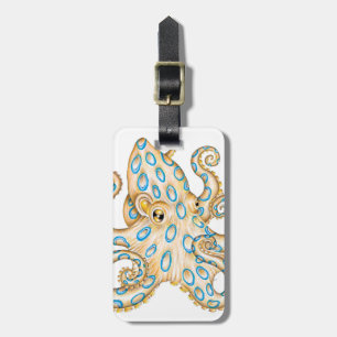 Blue ring Octopus on White Ink Luggage Tag