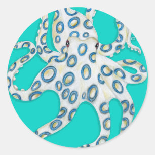 Blue Ring Octopus Teal Art Classic Round Sticker