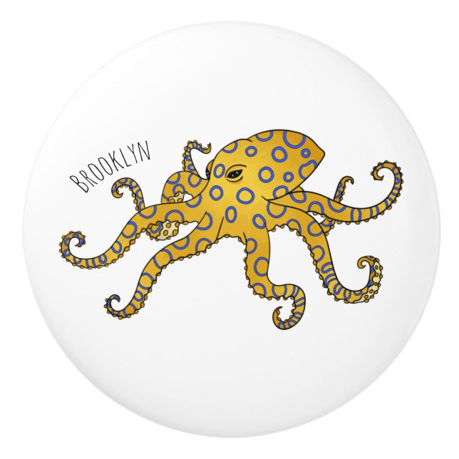 Blue-ringed octopus cartoon illustration ceramic knob (Front)
