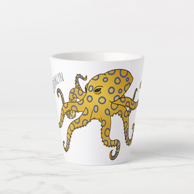 Blue-ringed octopus cartoon illustration latte mug (Front)