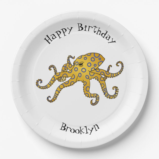 Blue-ringed octopus cartoon illustration paper plate (Front)