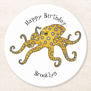 Blue-ringed octopus cartoon illustration round paper coaster