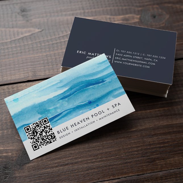 Blue Ripple | Pool Care or Swim QR Code Business Card (Creator Uploaded)