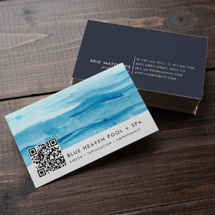 Blue Ripple   Pool Care or Swim QR Code Business Card