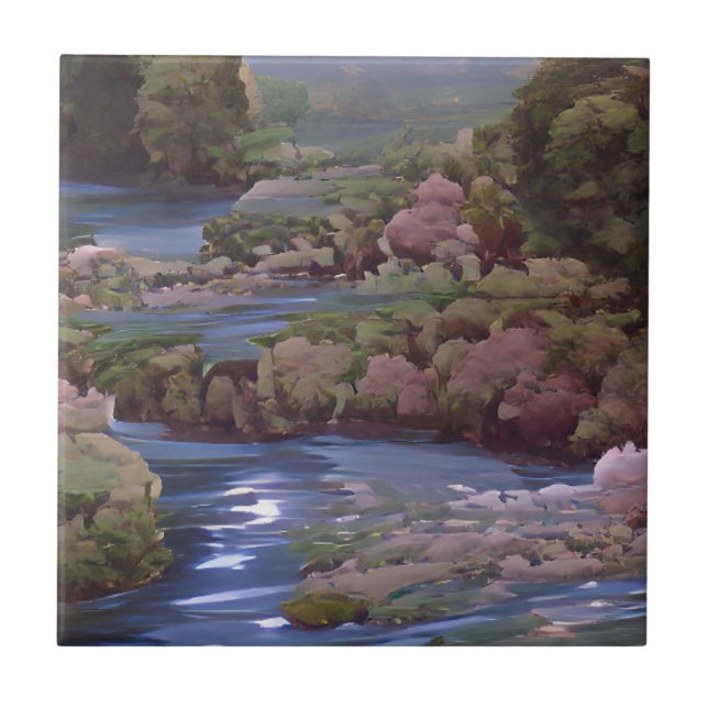 Blue river green trees forests digital art tile (Front)