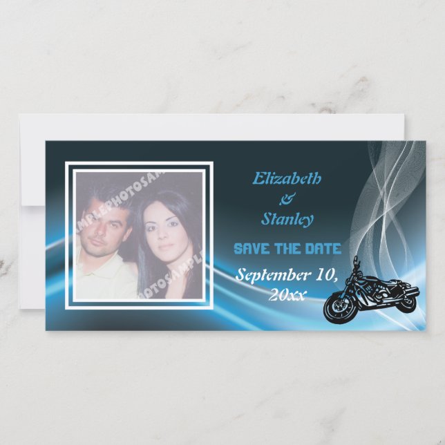 Blue road biker wedding Save the Date photo card (Front)