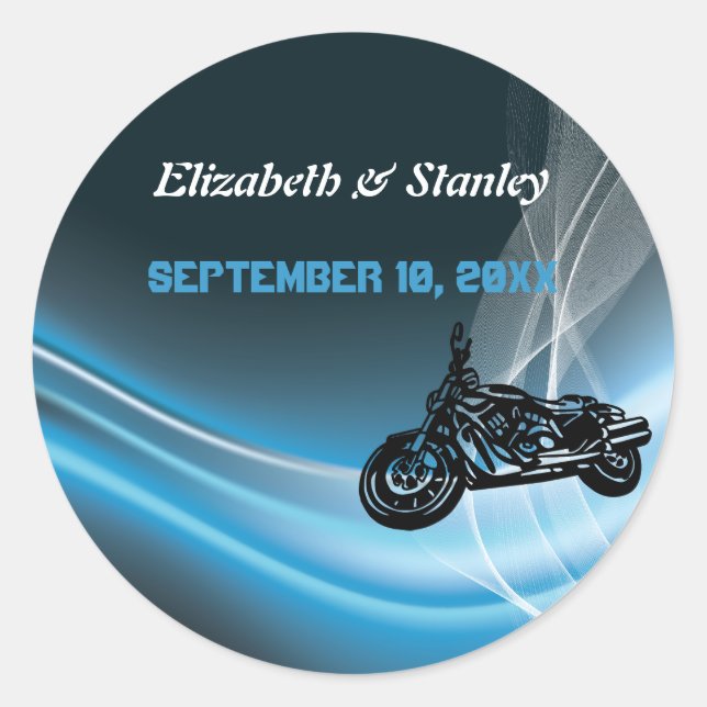 Blue road biker wedding Save the Date sticker (Front)