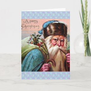Blue Robe Santa Claus Smoking Pipe - Christmas Holiday Card