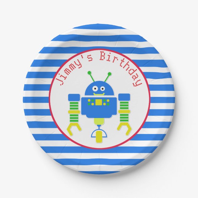Blue Robot Birthday Paper Plate (Front)