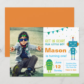 Blue Robot Birthday Party Invitation with photo