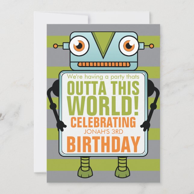 Blue Robot Childs Birthday Party Invitation (Front)