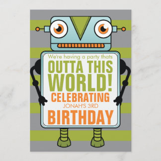 Blue Robot Childs Birthday Party Invitation