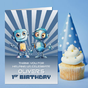 Blue Robot Theme 1st Birthday Thank You Card