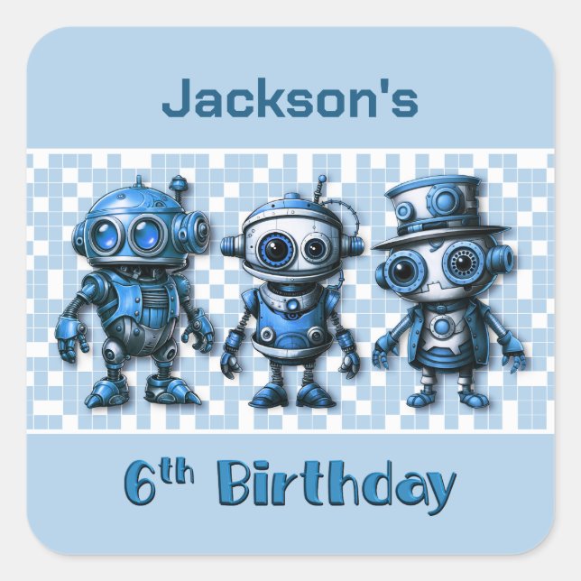 Blue Robot Theme 6th Birthday Invitation Square Sticker (Front)