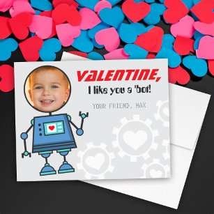 Blue Robot Valentines Day Boy Photo Classroom Holiday Card