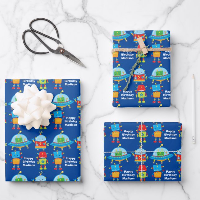 Blue Robots Cool Custom Kids Birthday Party Wrapping Paper Sheet (Front)