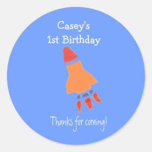 Blue rocket 1st birthday favour label