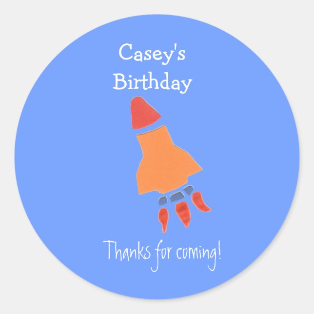 Blue rocket birthday favour label (Front)