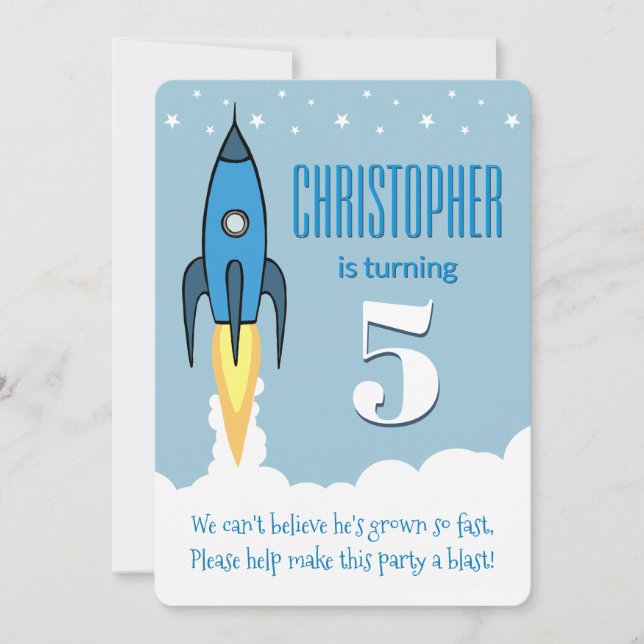 ★ Blue Rocket Ship Outer Space Birthday Invitation (Front)