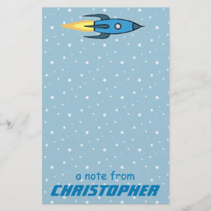 Blue Rocket Ship Outer Space Kids Personalised Boy Stationery
