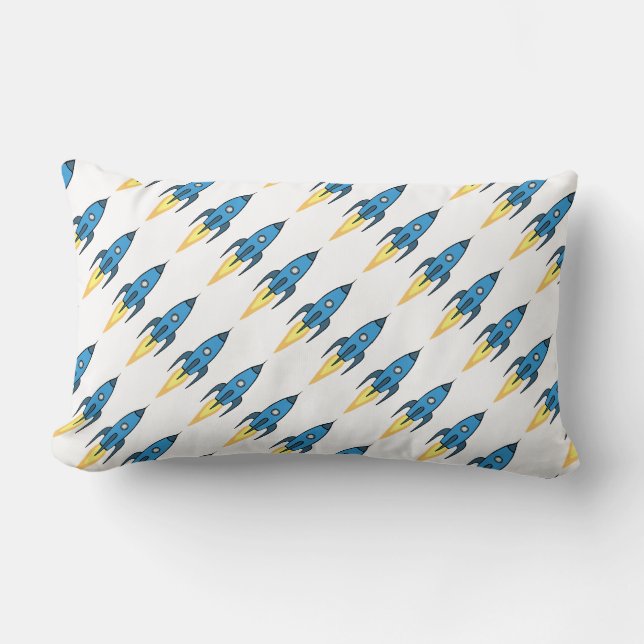 Blue Rocket Ship Outer Space Kids Room Decor | Boy Lumbar Cushion (Front)