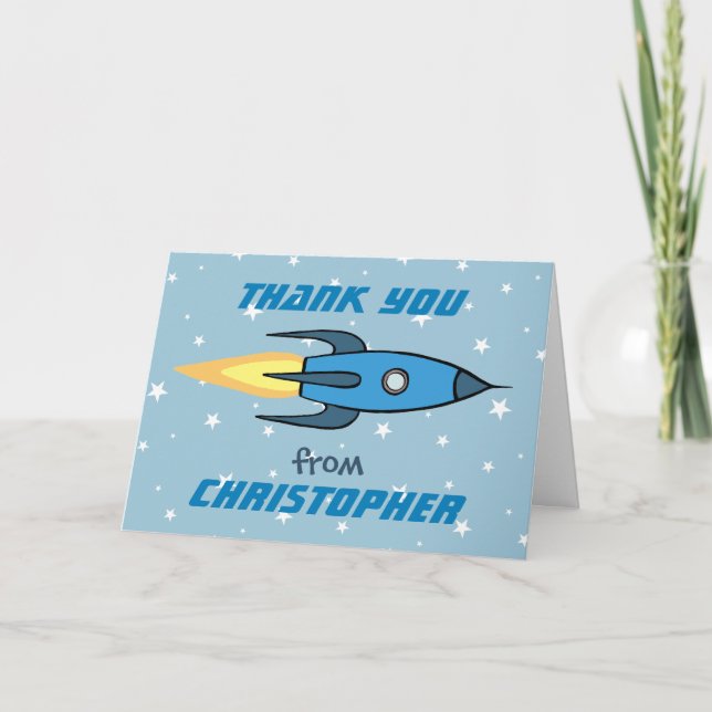 Blue Rocket Ship Outer Space Kids Thank You | Boy (Front)