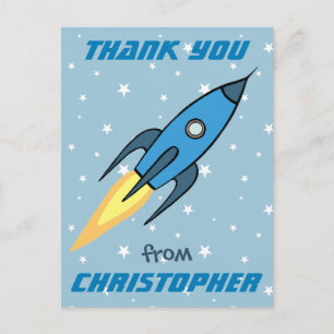 Blue Rocket Ship Outer Space Kids Thank You   Boy Postcard