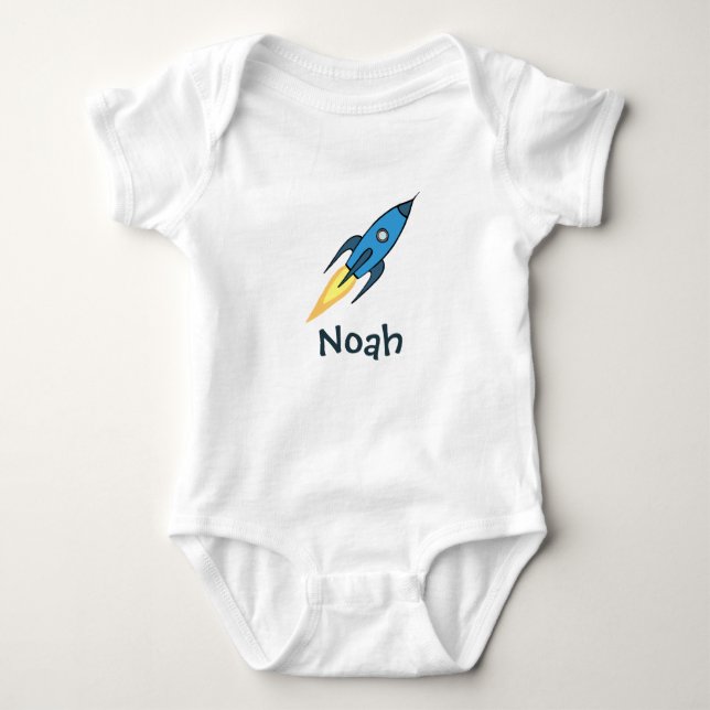 Blue Rocket Ship Outer Space Personalised Boy Cute Baby Bodysuit (Front)